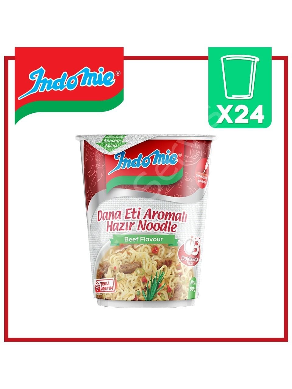 İndomie Bardak Dana Eti Aromalı Hazır Noodle 60 gr 24 Adet